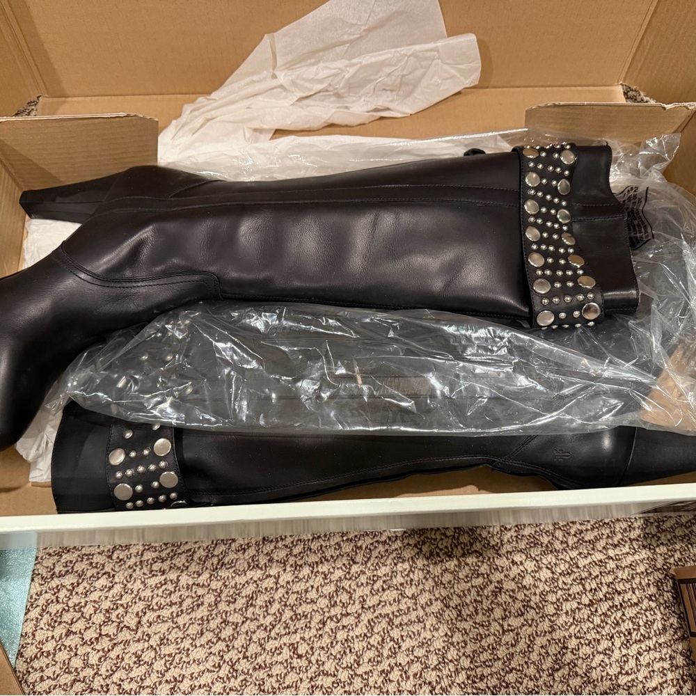 Frye Katie Tall Black Leather Boots 8.5 Made in Italy Studded